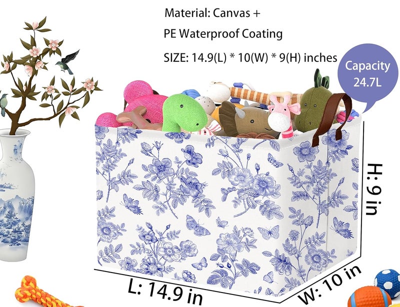BOOHIT Large Blue Chinoiserie Willow Butterfly Decor Basket Collapsible Storage Bin (Floral) - Image 2